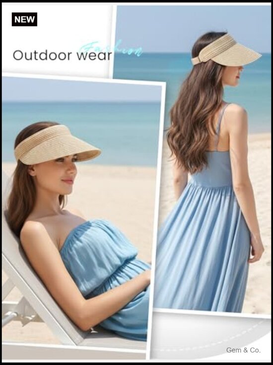 Wide Brim Paper Straw Sun Visor Hat Adjustable Packable Beach Travel main image 7